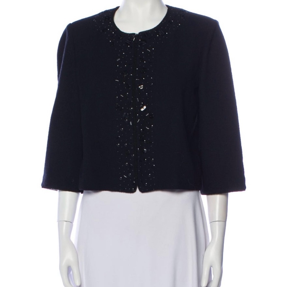 ST JOHN COLLECTION BLACK EMBELLISHED SANTANA KNIT ZIP FRONT JACKET /SMALL